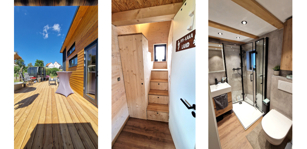 Das Tiny House ist mit einem vollwertigem Bad mit Dusche und einer großen Terrasse ausgestattet.